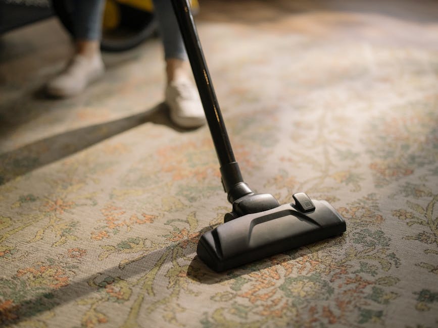A close-up view of a pair of feet with well-maintained, neatly pedicured toenails, standing on a textured beige carpet in a well-lit room. The carpet surface appears clean and free of dust or stains.